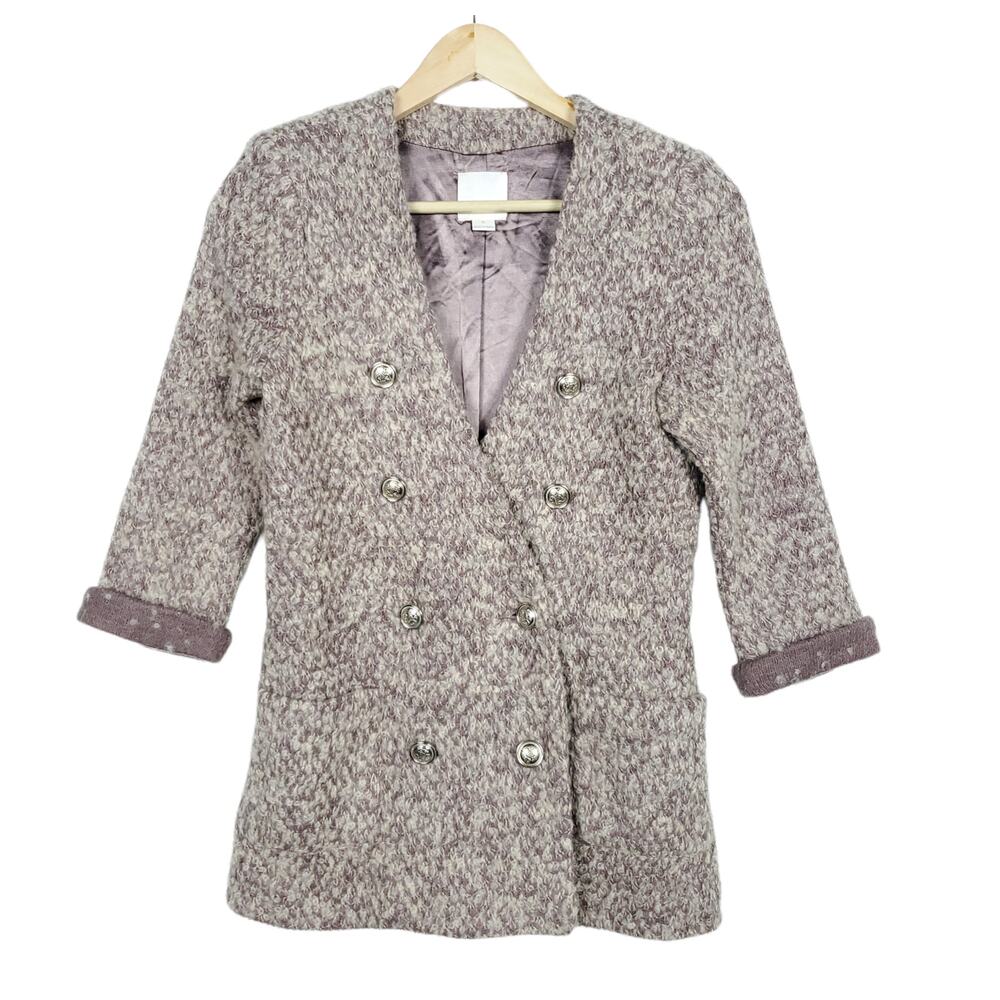 Line & Dot Jacket Small Tan Brown Wool 3/4 Sleeve Double Breasted Button Up Coat
